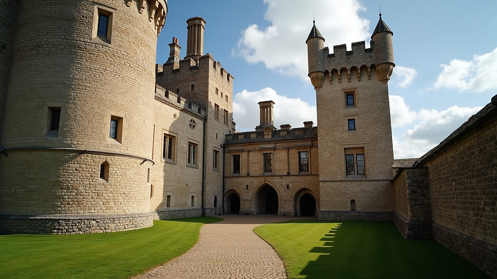 Eye-level view of an ancient castle with medieval architecture