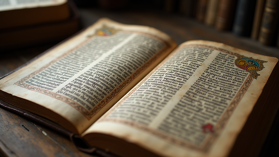 High angle view of a medieval manuscript with illuminated letters