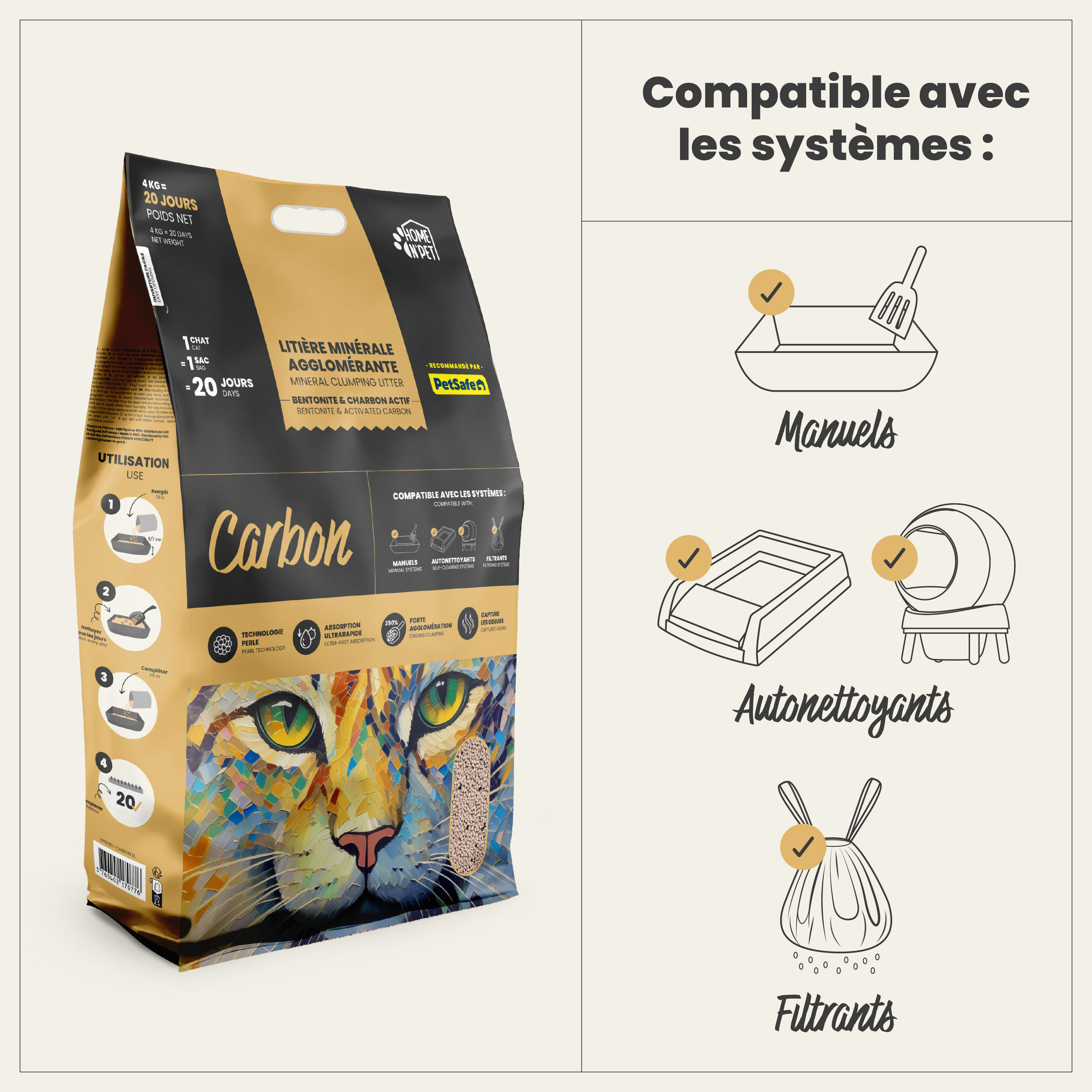 Litière minérale agglomérante Carbon