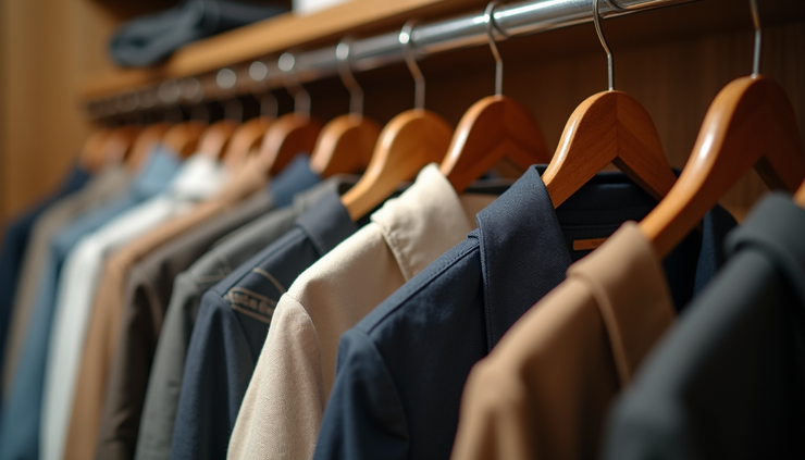 High angle view of a neatly organized wardrobe with custom clothing hanging on wooden hangers