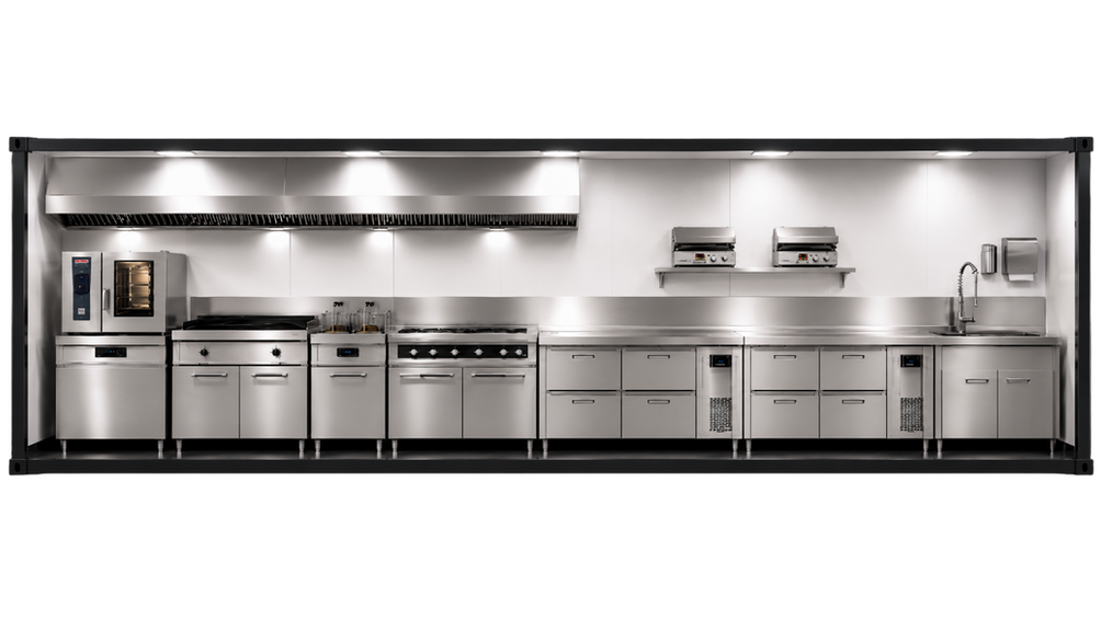 Innenansicht eines professionellen Food-Containers mit Edelstahlküche, Dunstabzugshaube, Kochgeräten, Arbeitsflächen und Spülbereich für Gastronomie und Vereinsverkauf.