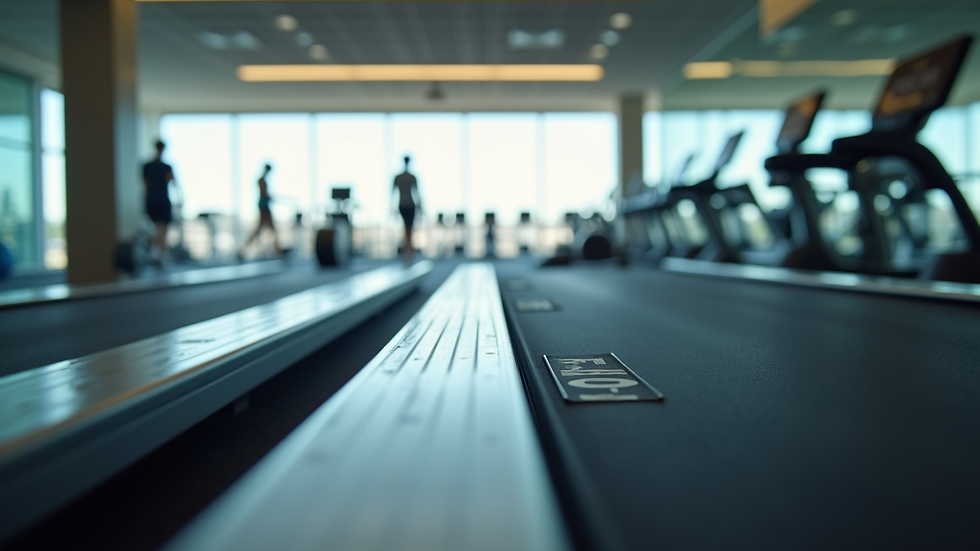 Eye-level view of a treadmill in a bright gym