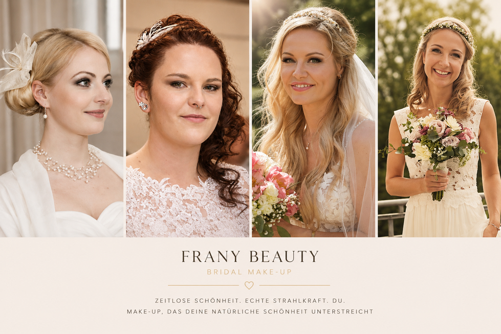 Collage aus vier romantischen Brautlooks mit natürlichem Bridal Make-up, eleganten Frisuren und femininer Ausstrahlung im modernen Fine Art Stil.
