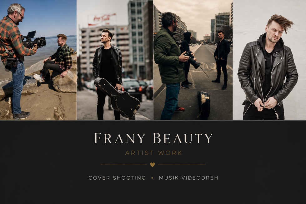 Editorial Collage mit Behind-the-Scenes Momenten eines Musikvideodrehs und Cover Shootings, Künstlerportrait im urbanen Stil sowie professioneller Artist Work von Frany Beauty.