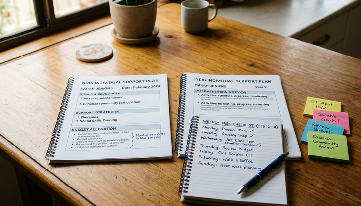 Close-up of two printed support plans beside a handwritten checklist