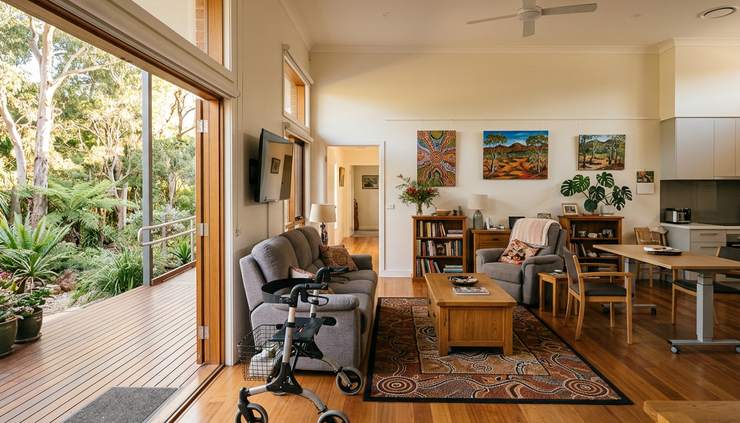 Wide-angle view of a shared home living area with accessible furniture