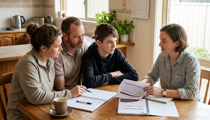 Eye-level view of a family reading an NDIS plan at a kitchen table