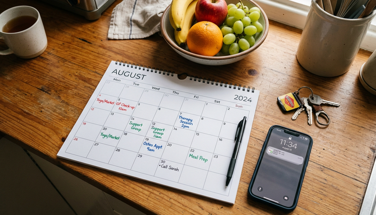 Overhead view of a monthly calendar with support appointments marked