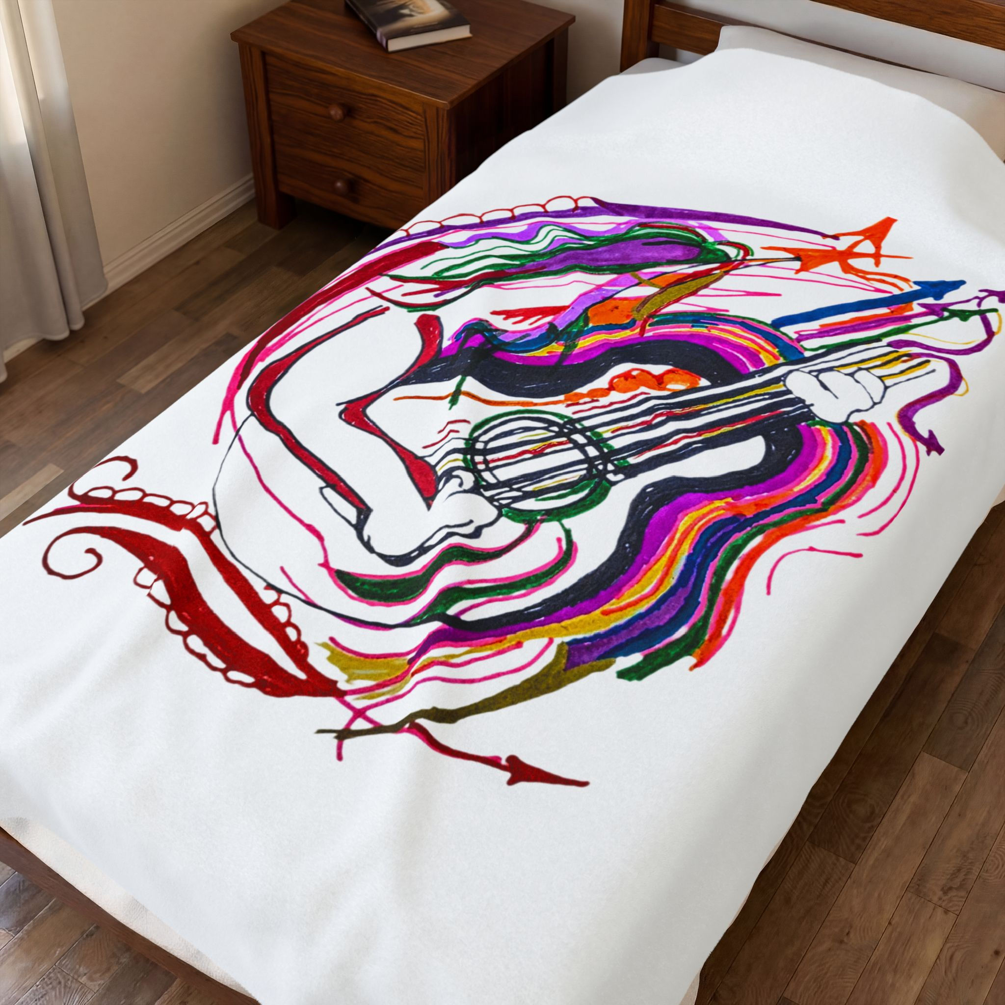 Velveteen Plush Blanket — Colorful Guitarist Art Throw for Music Lovers