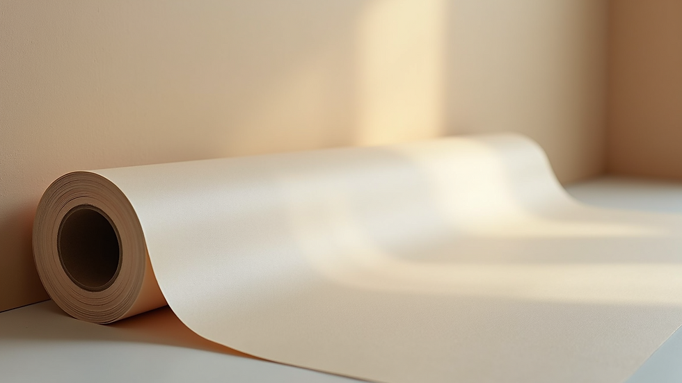 High angle view of a roll of silk wallpaper beside a lined wall