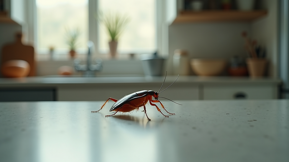 Close-up view of a cockroach on a kitchen countertop