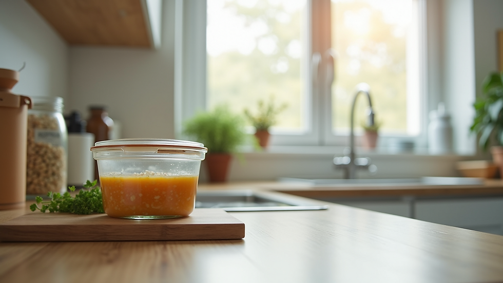 Eye-level view of a clean kitchen counter with sealed food containers