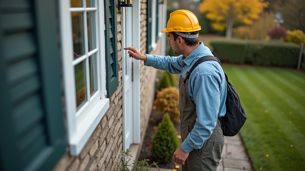 High angle view of pest control technician inspecting a home exterior