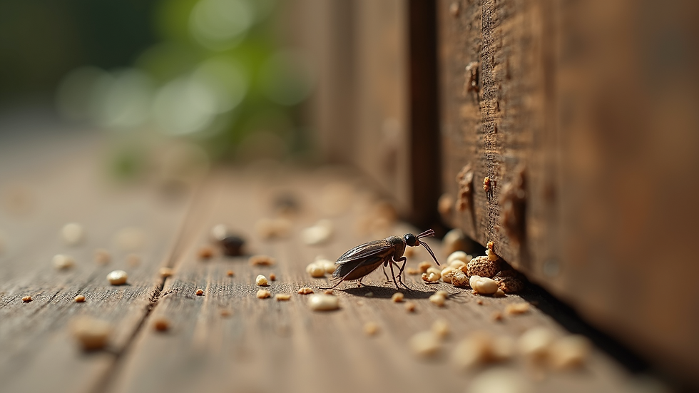 Close-up view of pest droppings on a wooden surface