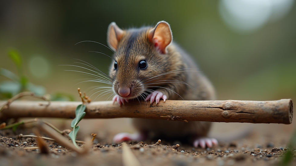 Eye-level view of a rat gnawing on a wooden stick