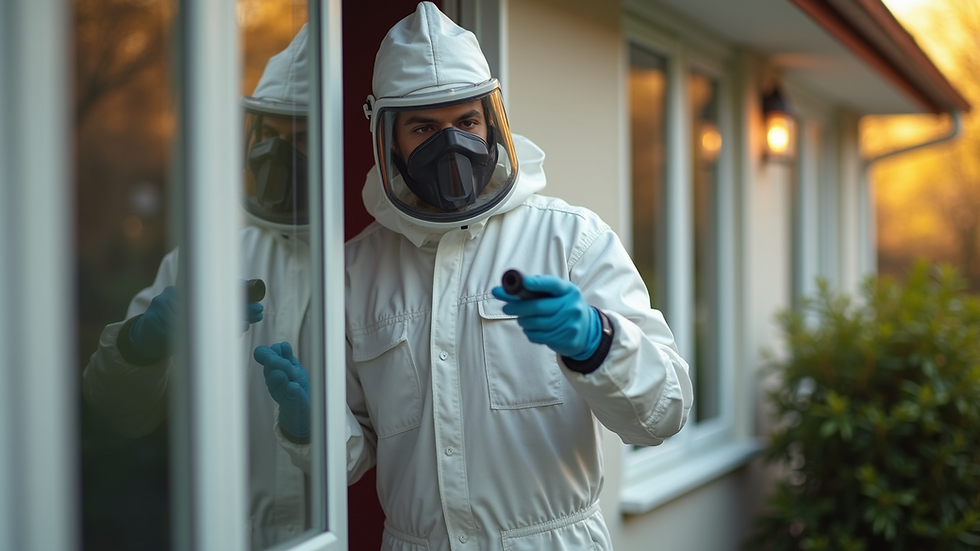 Close-up view of pest control technician inspecting a home exterior