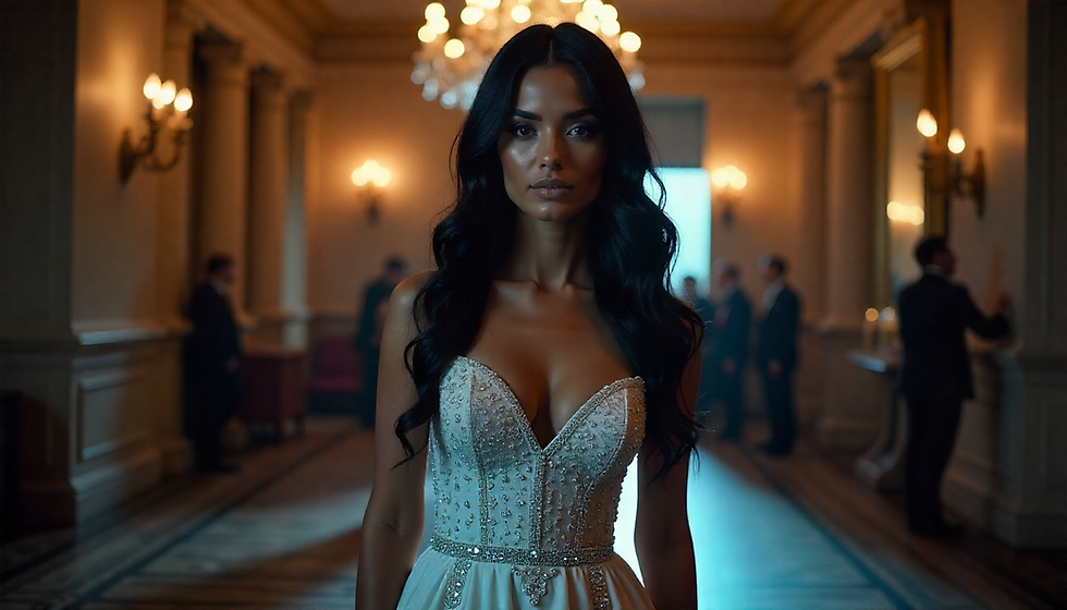 Novia tomando medidas con cinta métrica para elegir vestido sin probárselo.