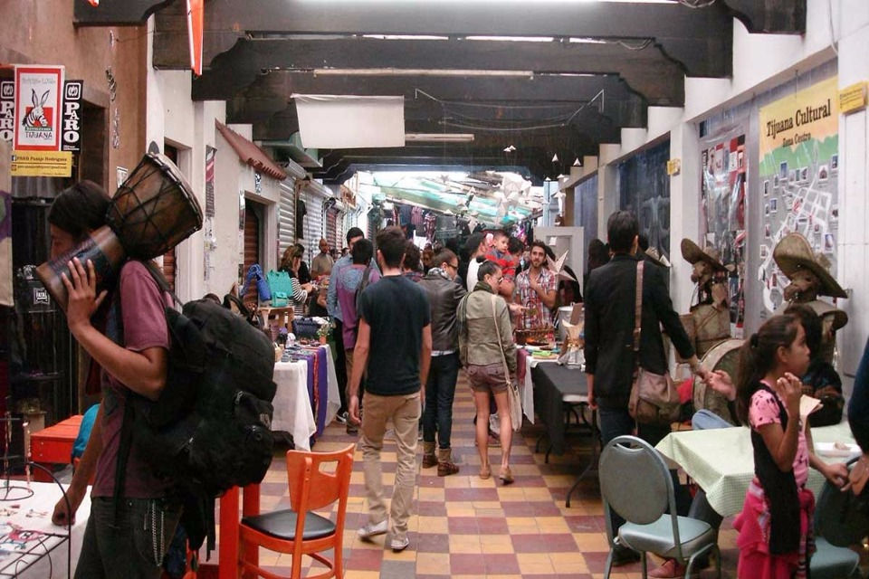 Shops and displays inside Pasaje Rodríguez in downtown Tijuana