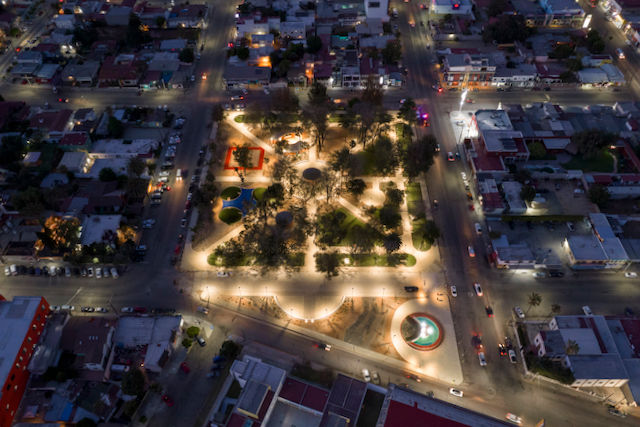 An aerial view of Parque Revolución and downtown Ensenada