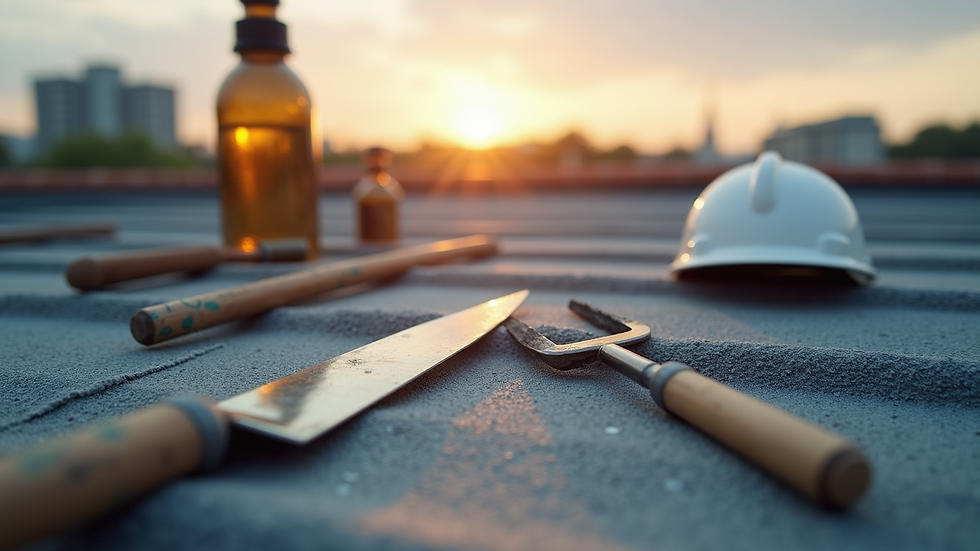 Eye-level view of roofing tools and materials on roof surface