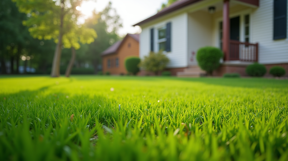 Eye-level view of freshly mowed green lawn in a residential yard
