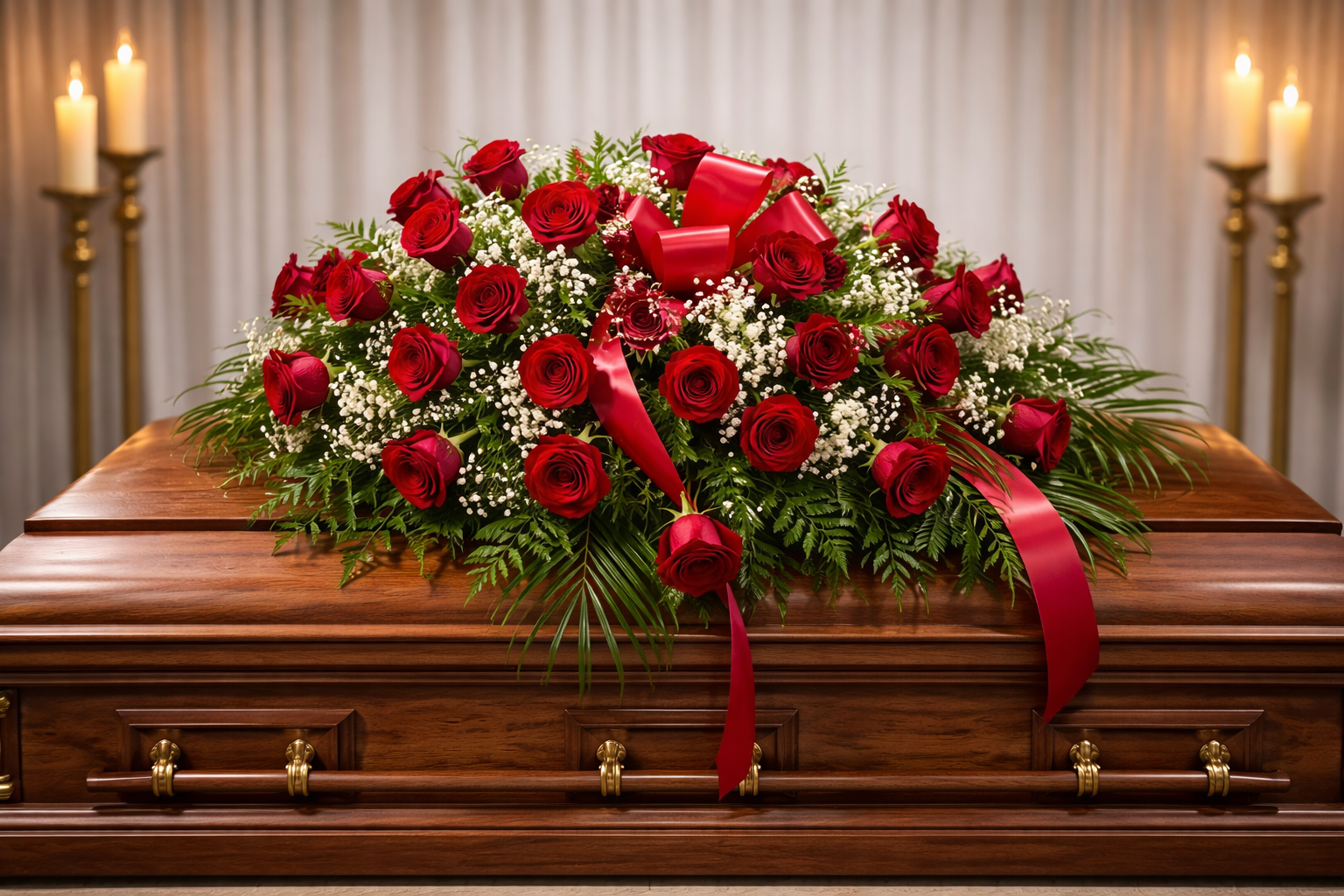 Red Roses & Baby’s Breath Casket Spray