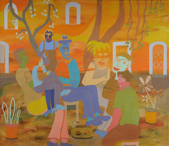 © 2022 "Conversation In The Plaza" Acrylic on Canvas, 28"x 32"