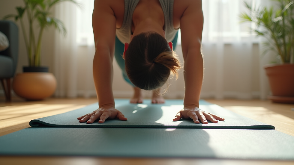 Close-up view of person performing bird dog exercise on yoga mat