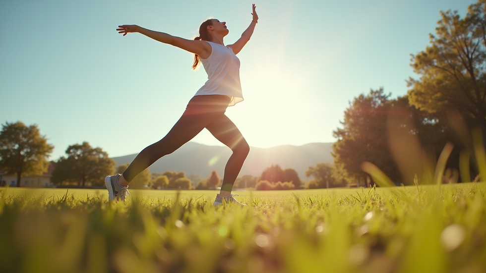 Eye-level view of a person stretching outdoors on a sunny day