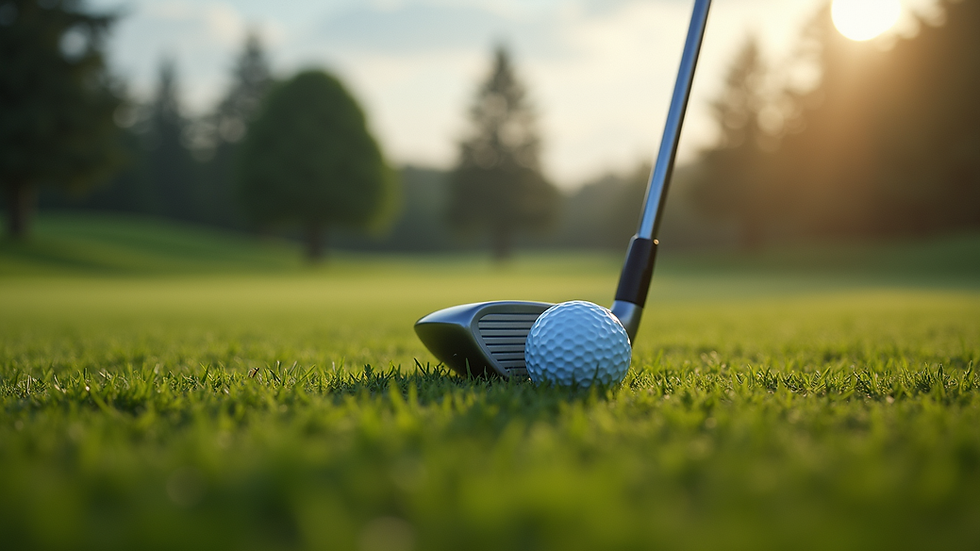 Eye-level view of golf club resting on green grass near a golf ball