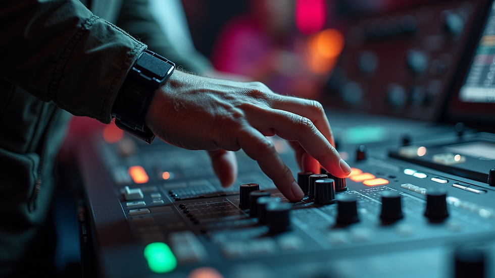 Close-up view of a sound technician adjusting audio levels on a mixing console