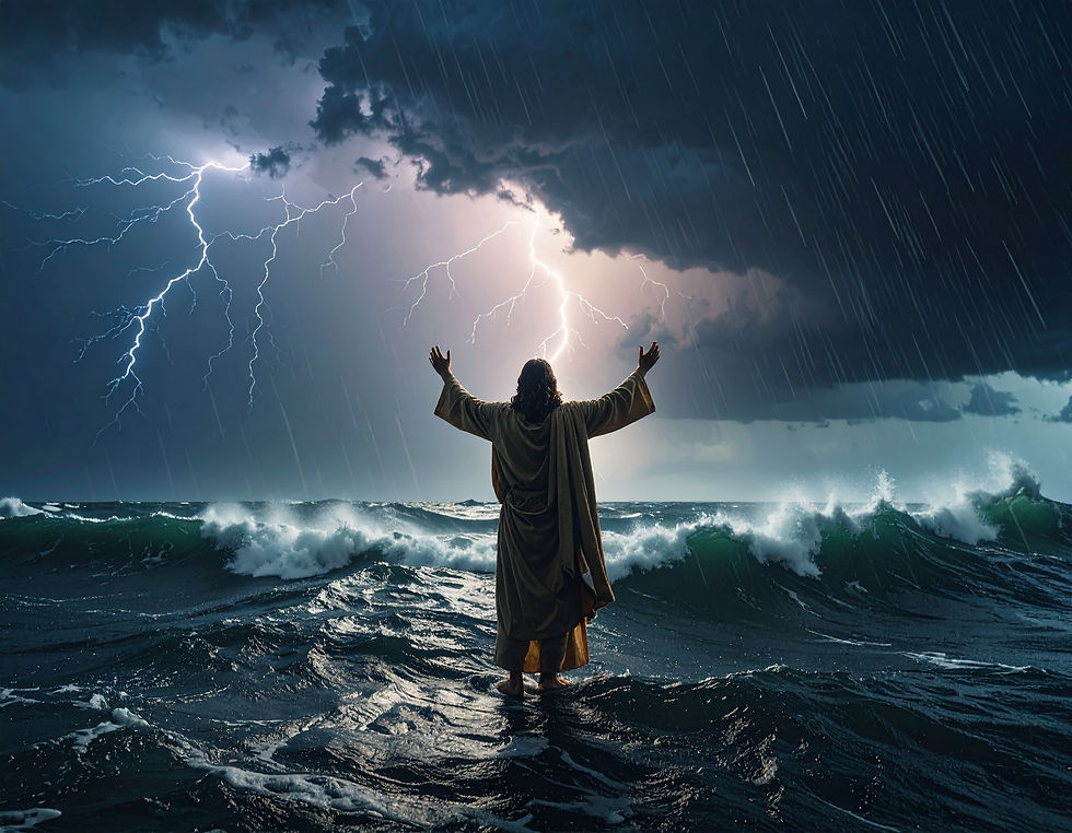 Jesus with outstretched arms calming the stormy sea