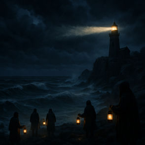 People holding lights to show the traveler where to find the shoreline.