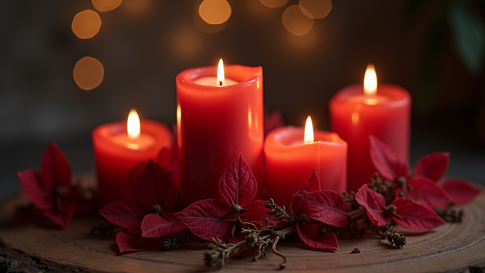 Close-up view of red candles and herbs used in voodoo love rituals