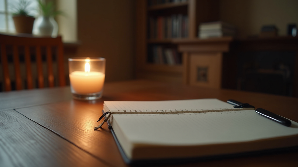 Eye-level view of a wooden desk with a notebook and a lit candle