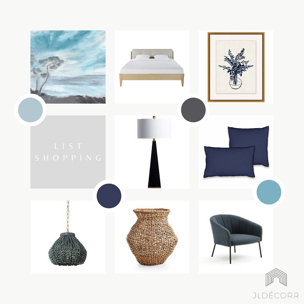Shopping List chambre parentale bleue - papier peint panoramique - Jeanne Pezeril Décoratrice Montech Montauban