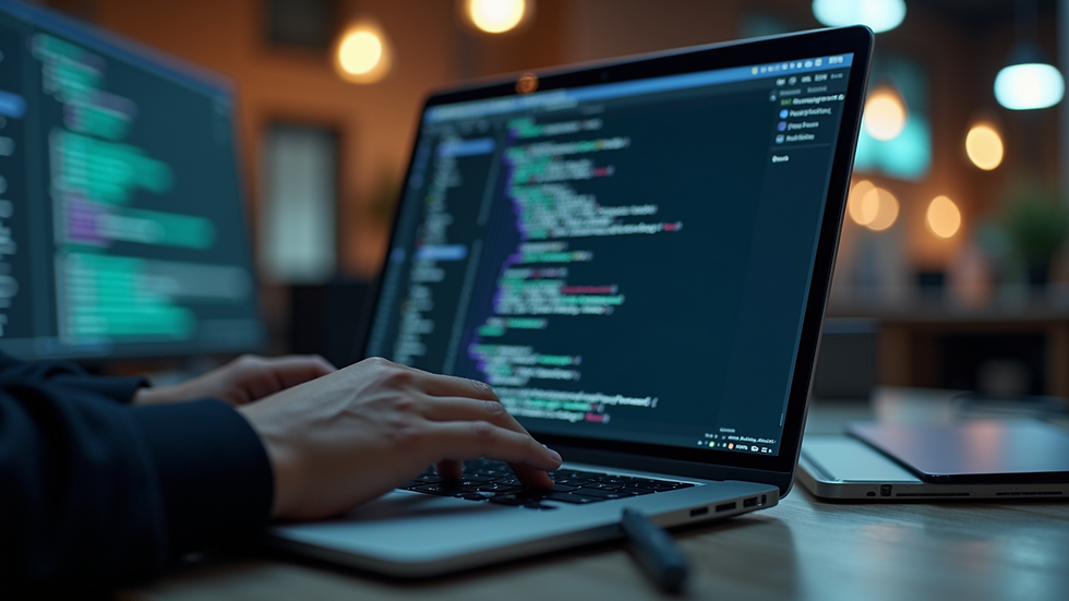 Eye-level view of a developer working on a laptop with code on the screen
