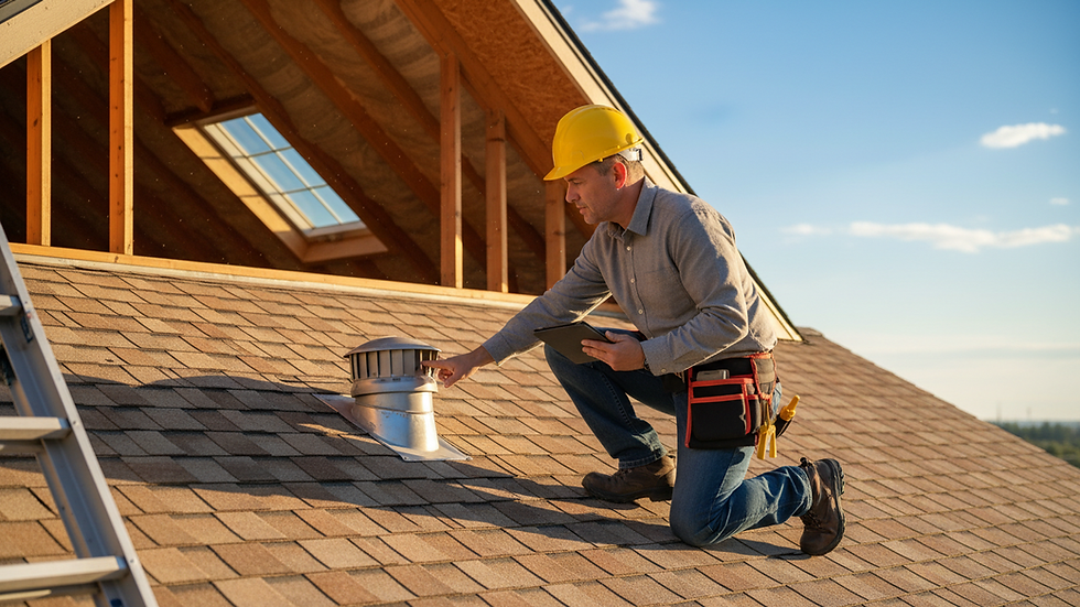 Eye-level view of a home inspector examining a roof