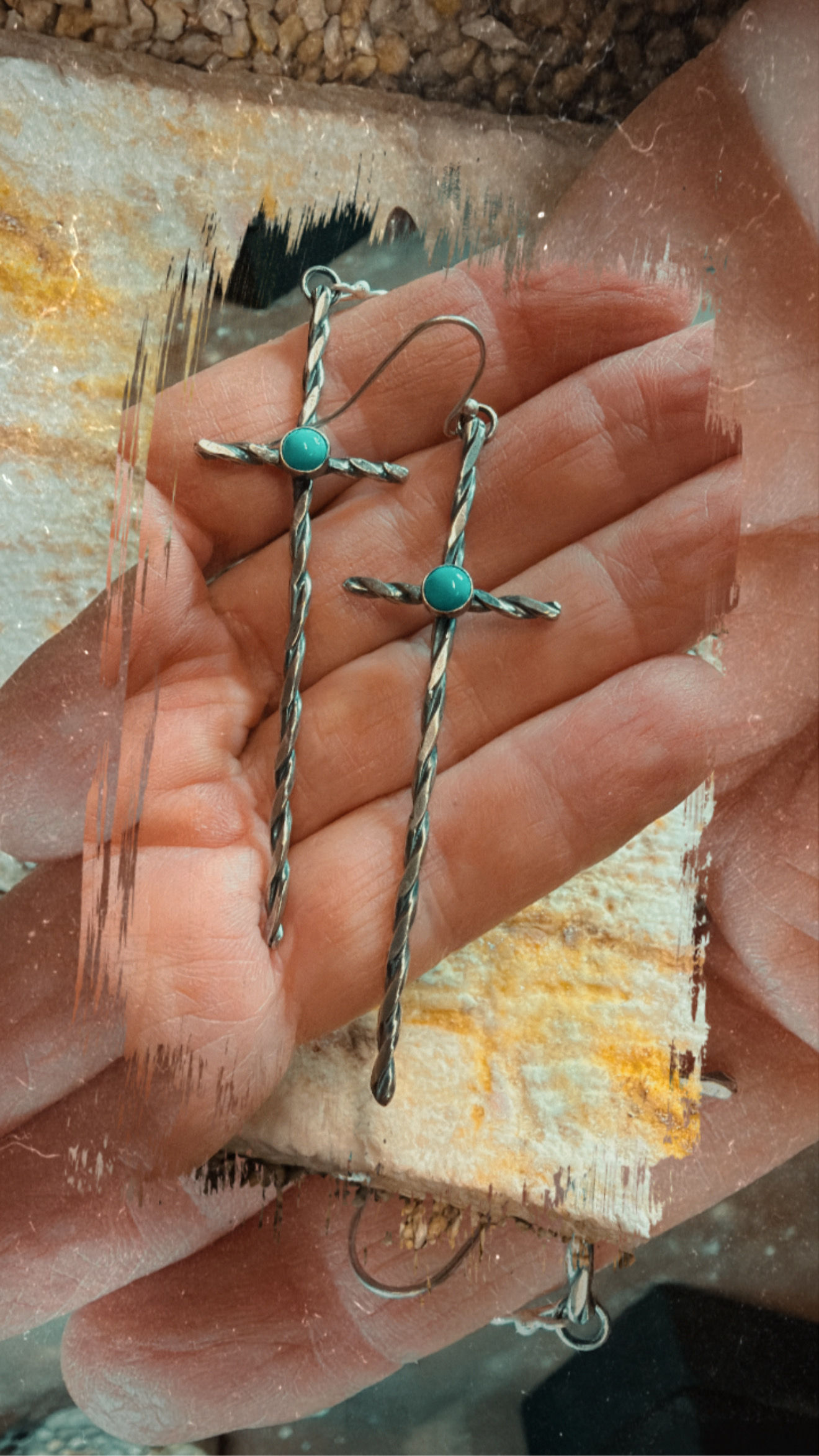 Turquoise and silver cross earrings 