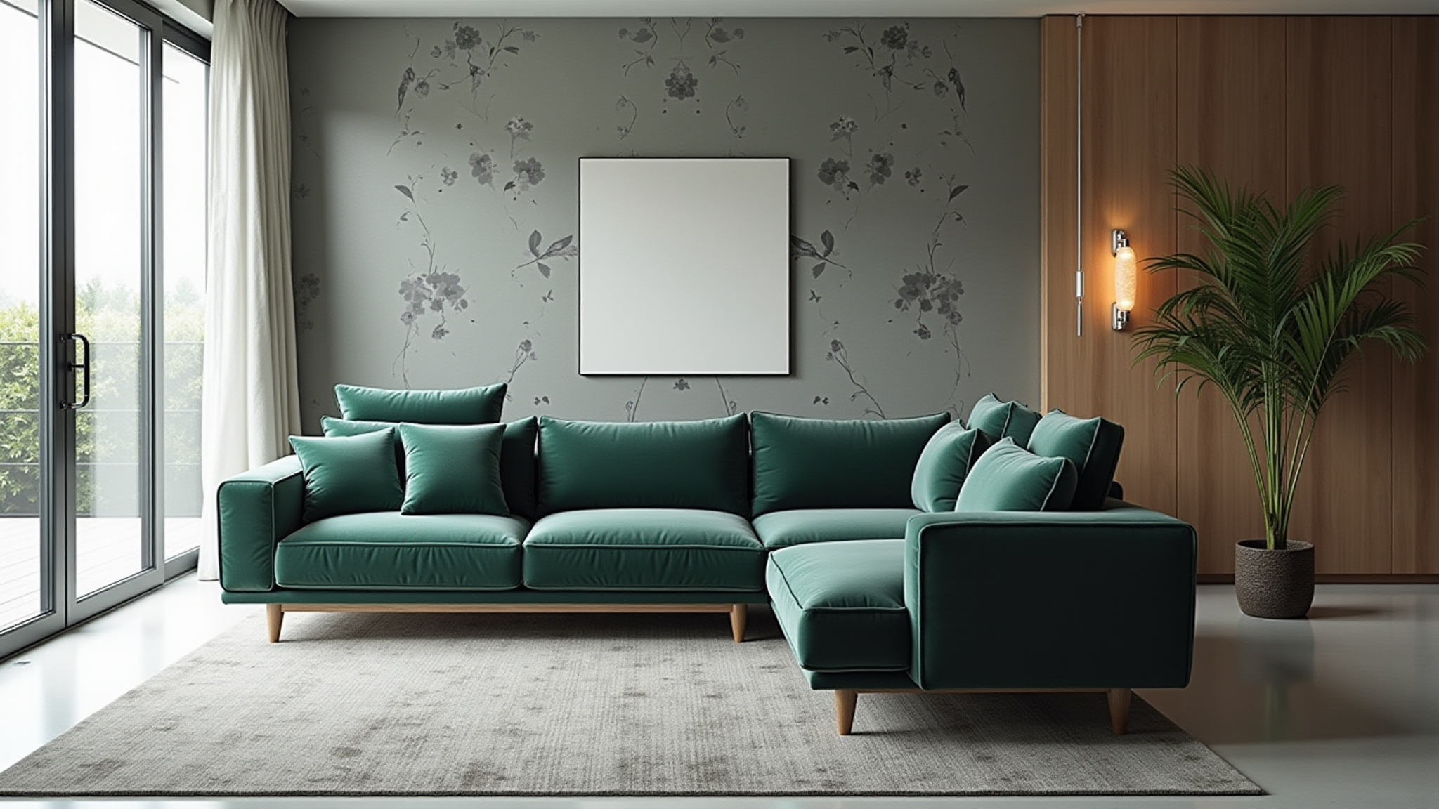 Green sectional sofa in modern living room with blank picture frame