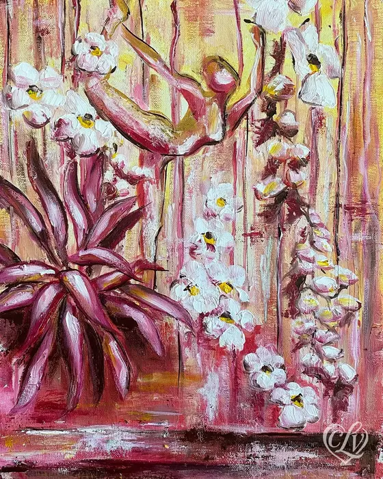 Female yogi in Dancer’s Pose surrounded by white orchids and tropical plants in a painting by Christina Lewis Vizcarrondo