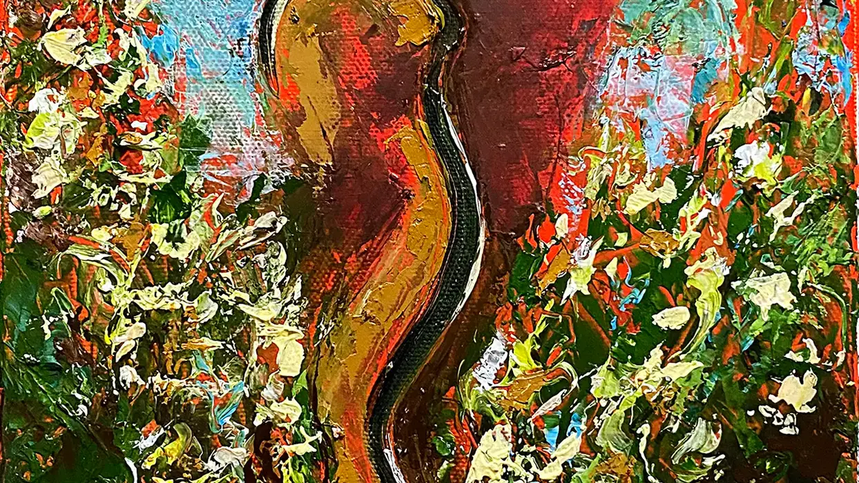 Love 6 painting showing two intertwined lovers in vivid red tones surrounded by expressive foliage