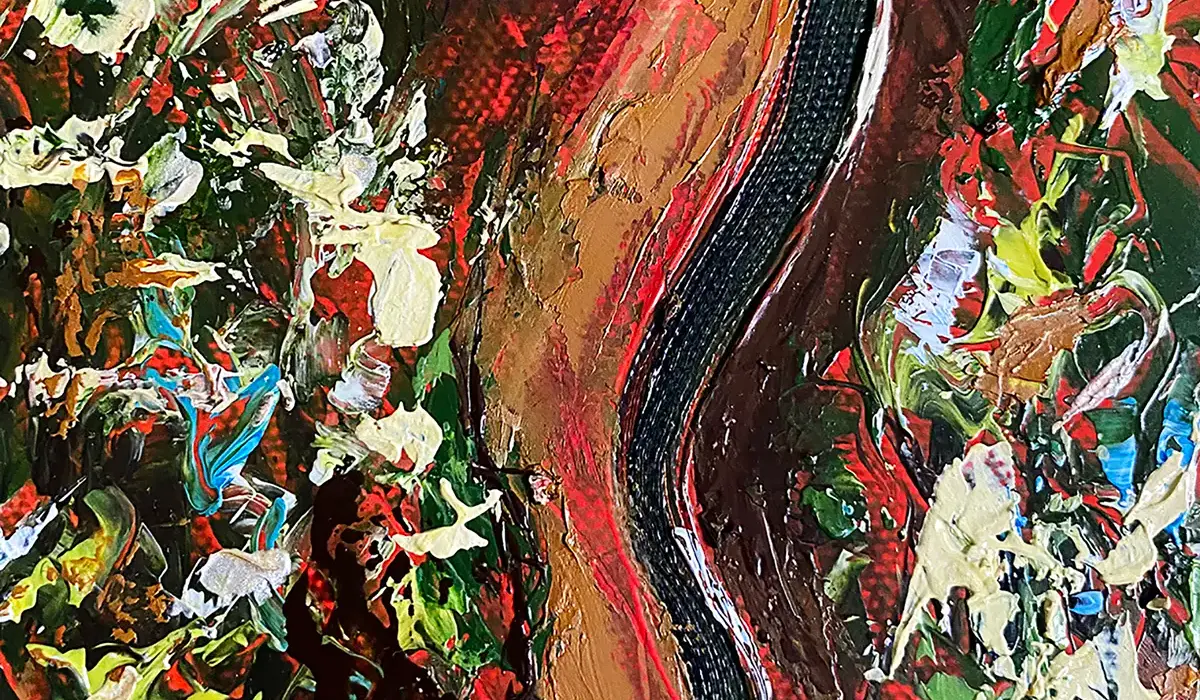 Detail of Love 6 showing intertwined red figures surrounded by colorful textured foliage