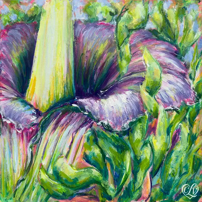 Close-up flat shot of Miss Necromancy, an original acrylic on canvas painting of Amorphophallus titanum corpse flower in purple and green by Christina Lewis Vizcarrondo, Floreciendo series, San Juan Puerto Rico 2026