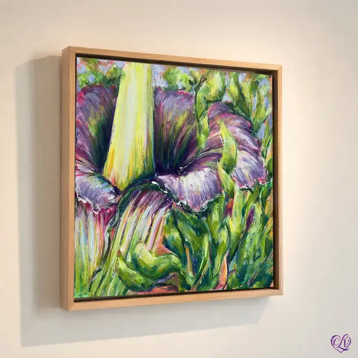 Miss Necromancy, an original acrylic painting of Amorphophallus titanum corpse flower in purple and green, displayed in a gold artist frame on a white gallery wall by Christina Lewis Vizcarrondo, San Juan Puerto Rico