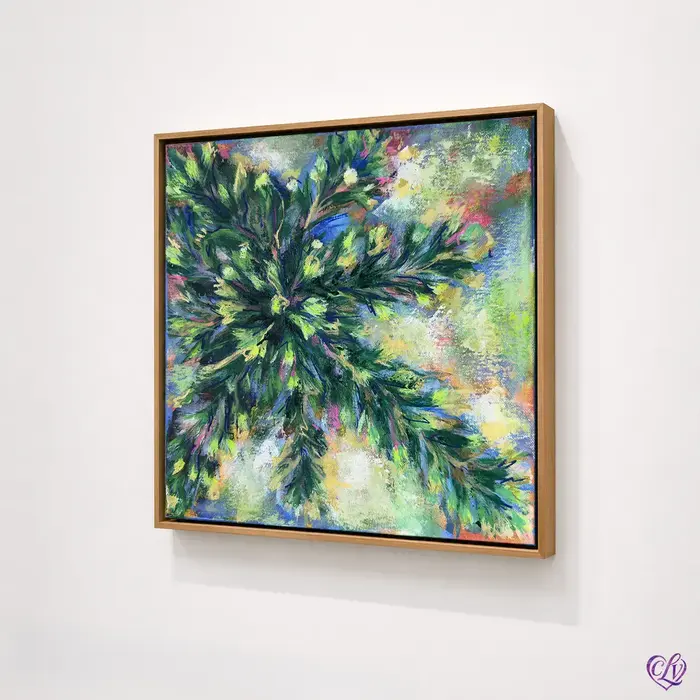 Miss Delulu Inmortal, an original acrylic painting of a green Anastatica hierochuntica Rose of Jericho, displayed in a gold artist frame on a white wall by Christina Lewis Vizcarrondo, San Juan Puerto Rico