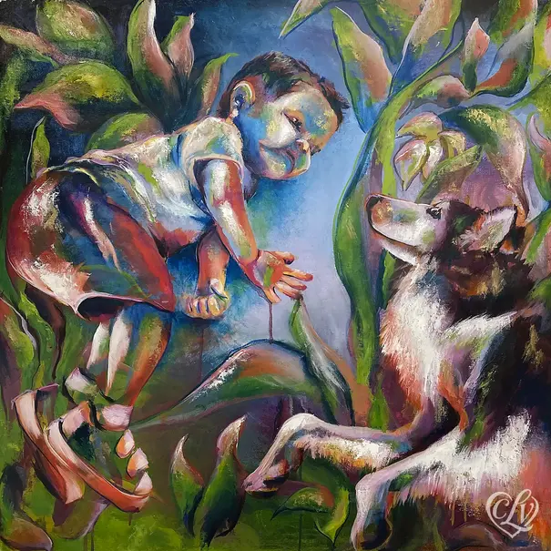 Oil painting of child lying calmly beside a husky service dog, symbolizing stillness and connection.
