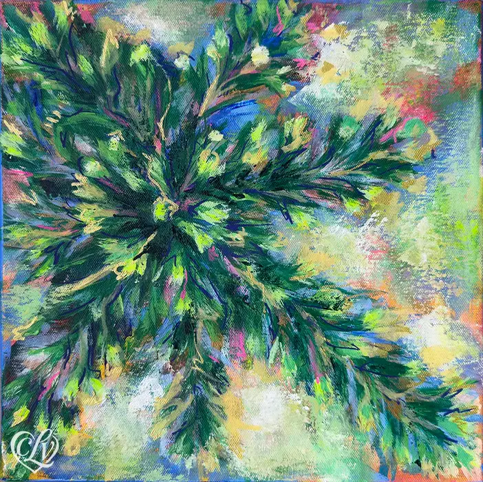 Close-up flat shot of Miss Delulu Inmortal, an original acrylic on canvas painting of Anastatica hierochuntica by Christina Lewis Vizcarrondo, Floreciendo series, San Juan Puerto Rico 2026