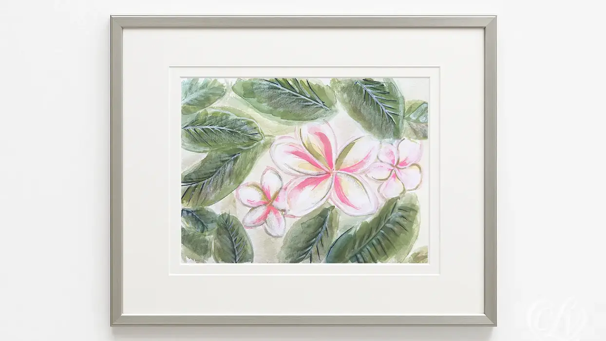 Detail of Plumeria painting by Christina Lewis Vizcarrondo showing brush texture and color gradients in the Sacred Botanica series