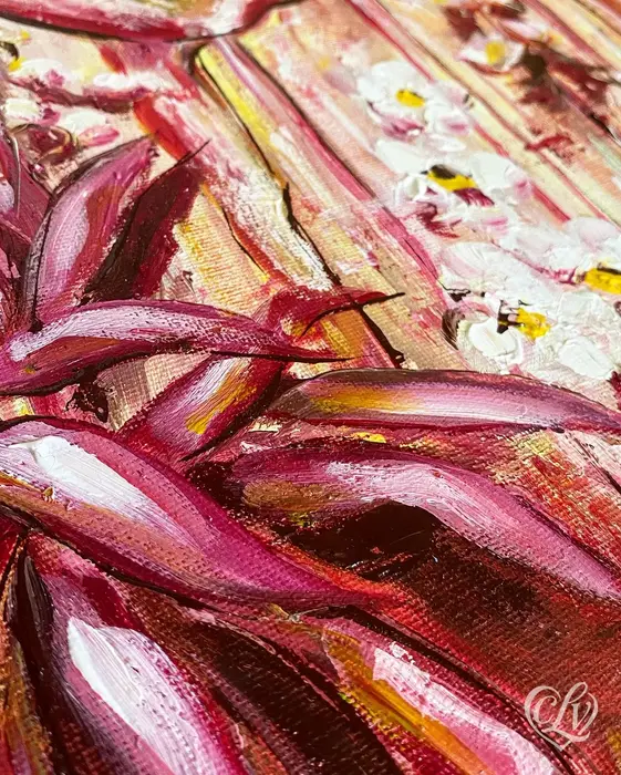Detail of pink tropical foliage and white orchids in Dancers Pose in the Caribbean